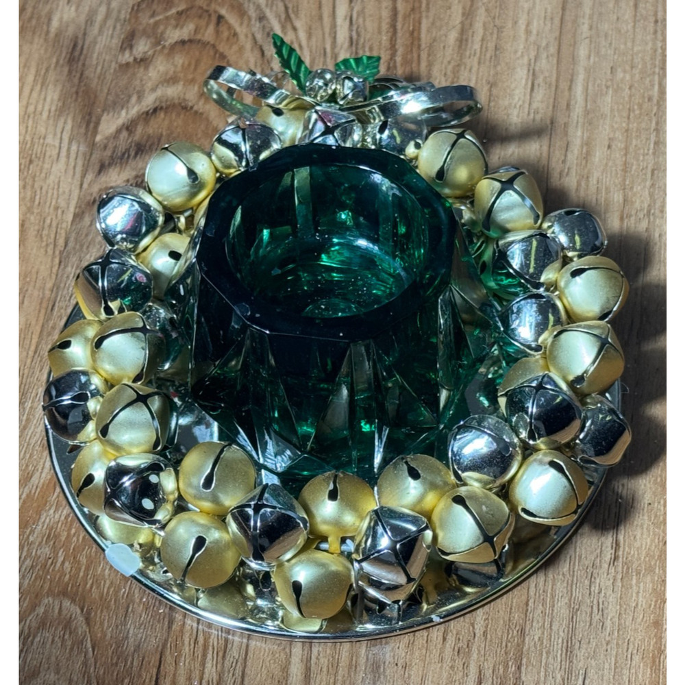 Jingle Bell 5" Metal Centerpiece w/ Green Votive Candle Holder